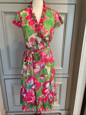 Lilly Pulitzer Floral Wrap Dress Size 8 Pink Green Ruffle Pleated Hem Slip Under